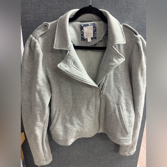 LC Lauren Conrad Heather Gray Asymmetrical Zip Puffed-Sleeve Moto Jacket, Large - Picture 2 of 6